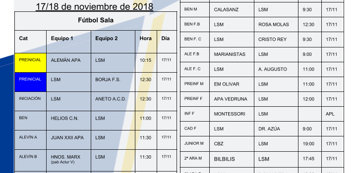 Horarios Agrupación Deportiva 17 y 18 de Noviembre Horarios Agrupación Deportiva 17 y 18 de Noviembre